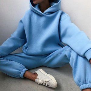 Baby Blue Warm Hoodie Sweatshirts And Long Pant Fleece Two Piece Sets